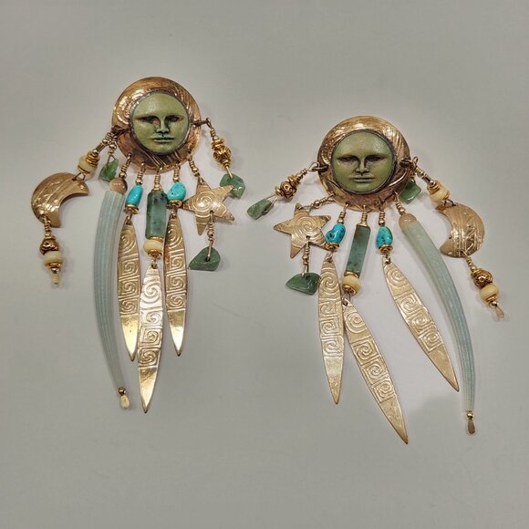 Rare Vintage Gold Tone Tabra "Celestial" Moon Face Pierced Dangle Earrings - Picture 3 of 8